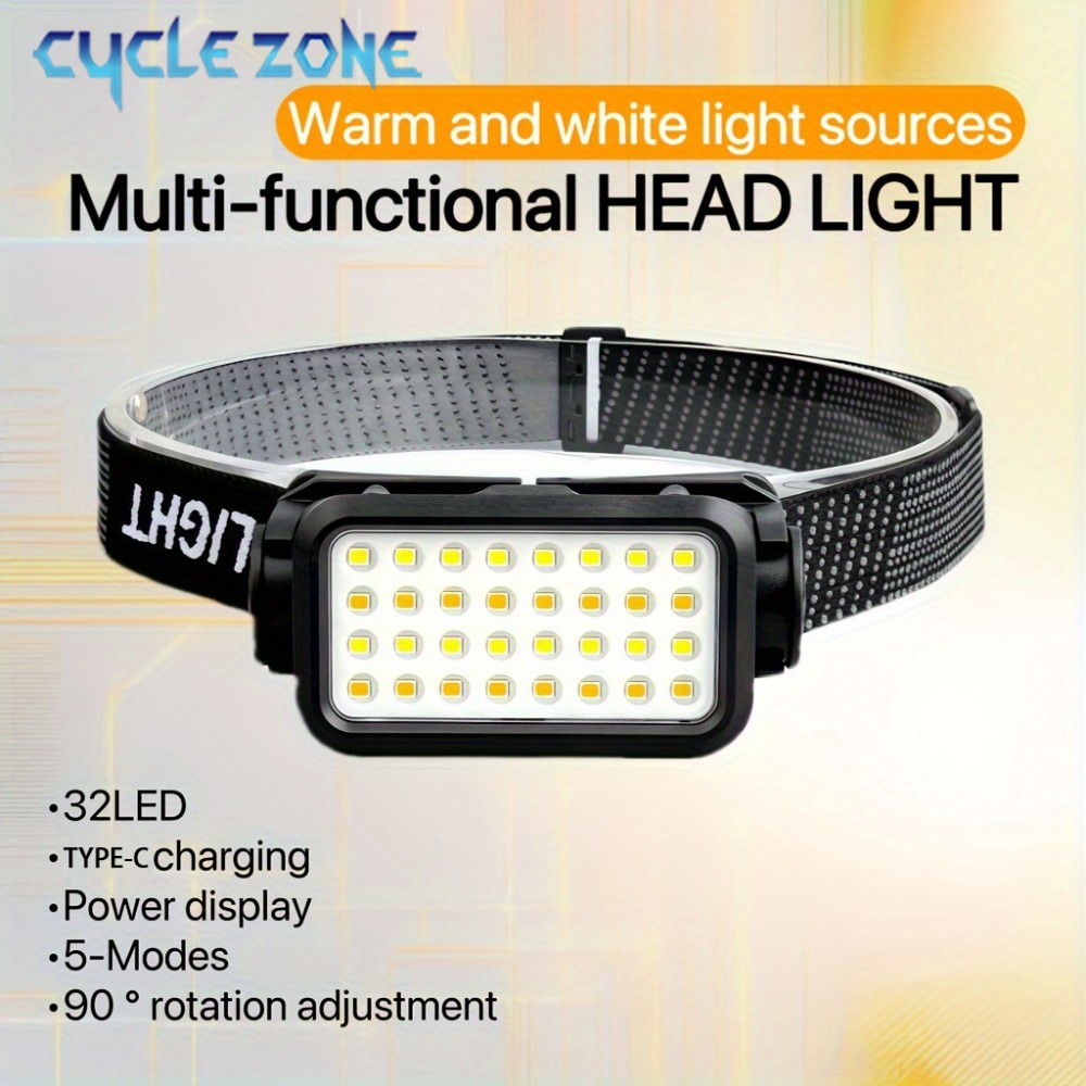 Outdoor Adventure Zone - ไฟหน้าแบบชาร์จไฟได้พร้อม 32 LED 5 โหมดไฟหน้าแบบปรับได้แบบพกพาสําหรับการผจญภัยกลางแจ้งในเวลากลางคืนตกปลาเดินเดินป่า