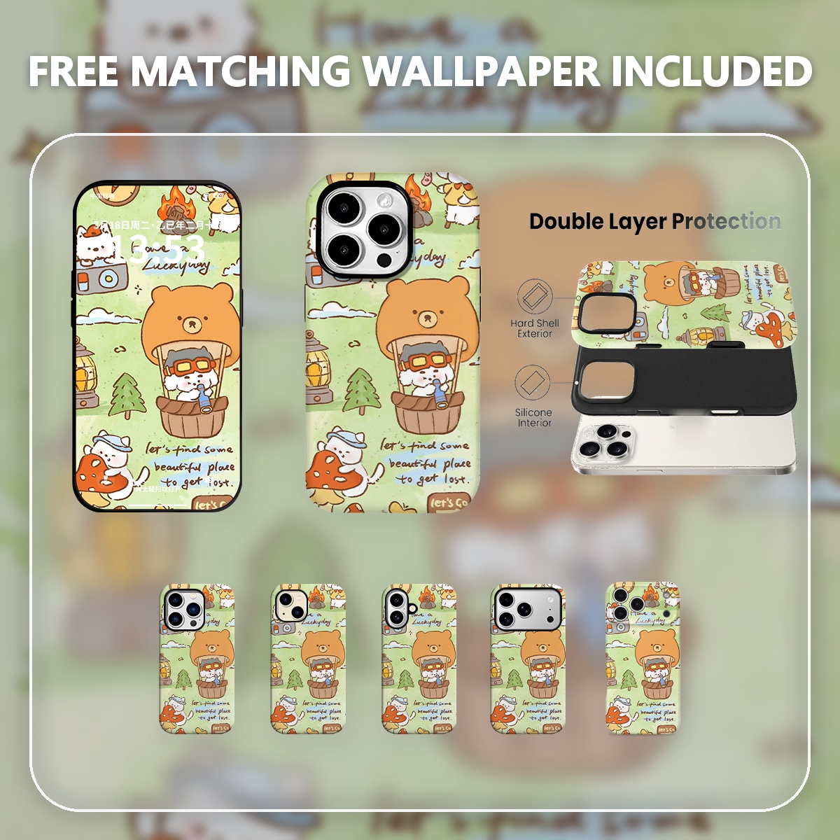Outdoor Adventure Series - เคสโทรศัพท์ลายการ์ตูนสัตว์น่ารัก ผจญภัยกลางแจ้ง สไตล์คาวาอี้ แบบสองชั้น สำหรับ iPhone
