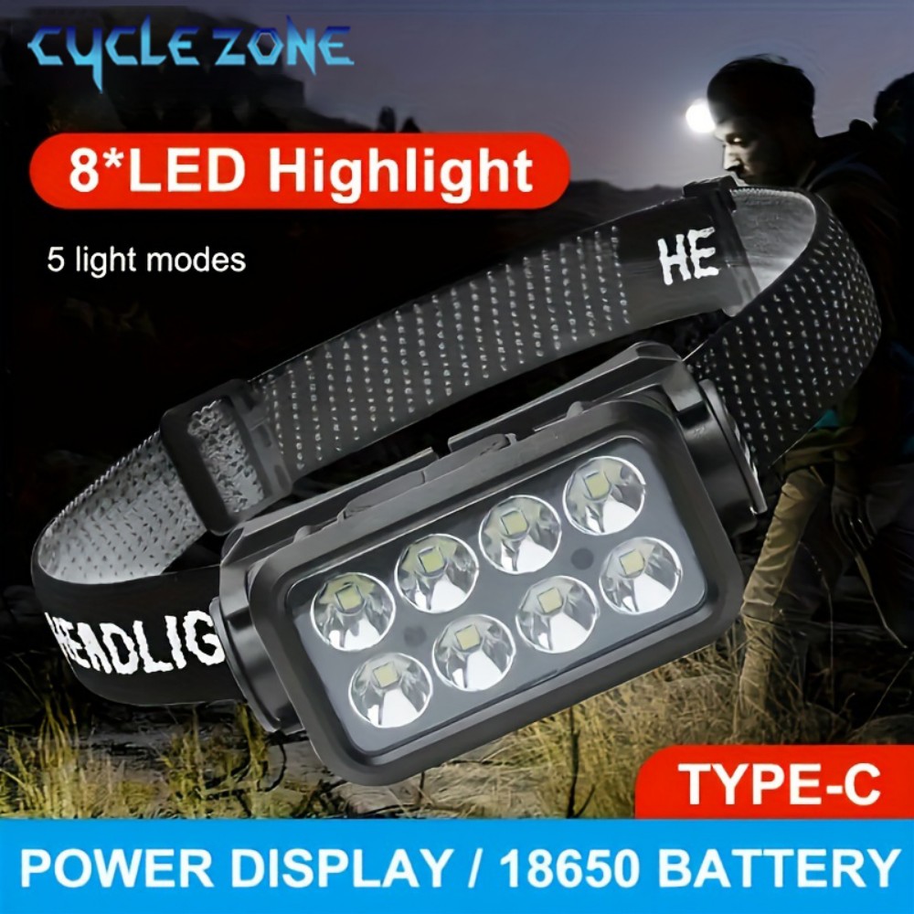 Outdoor Adventure Zone - 8 LED Induction ไฟหน้า Type-C แบบชาร์จไฟได้เซ็นเซอร์หัวโคมไฟไฟฉายกลางแจ้ง